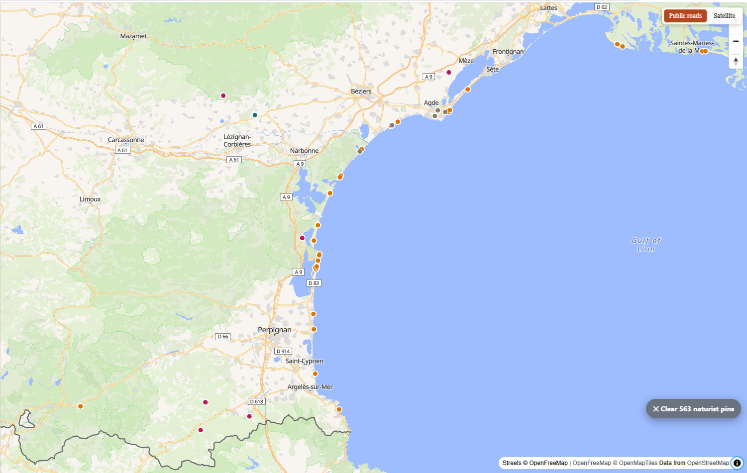 Close-up map of naturist beaches and campsites along the Languedoc coast of France