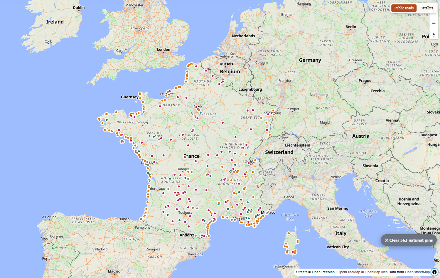 Map of France showing 563 naturist beaches, campsites and resorts from Brittany to Corsica